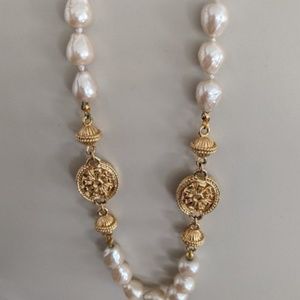 Stunning 43.25” St. John  Faux Pearl & Goldtone Link Necklace